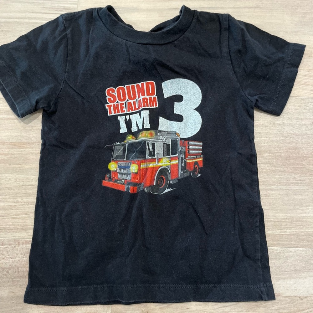 Black Fire Truck Kids T-Shirt Sound the Alarm I’m Three Size 2T Birthday